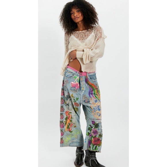 Magnolia Pearl Beautiful Boyfriend Cropped Jeans Roses Ladybugs Rainbows OS NWT - Picture 4 of 4